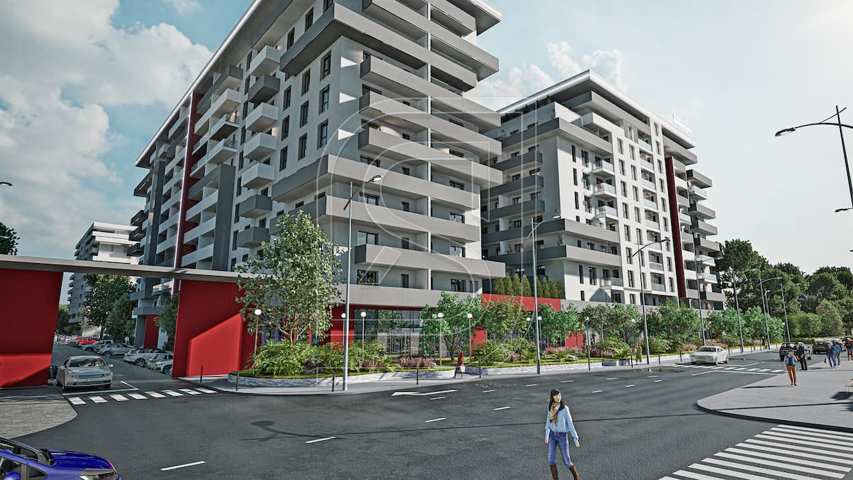 Randare 3D cu ansamblul rezidential Confort Urban Evolution, blocuri moderne cu balcoane si spatii verzi