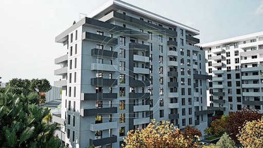 Apartamente in Sector 5 – randare ansamblu Confort Urban Evolution, vedere din interior cu spatii verzi si cladiri moderne