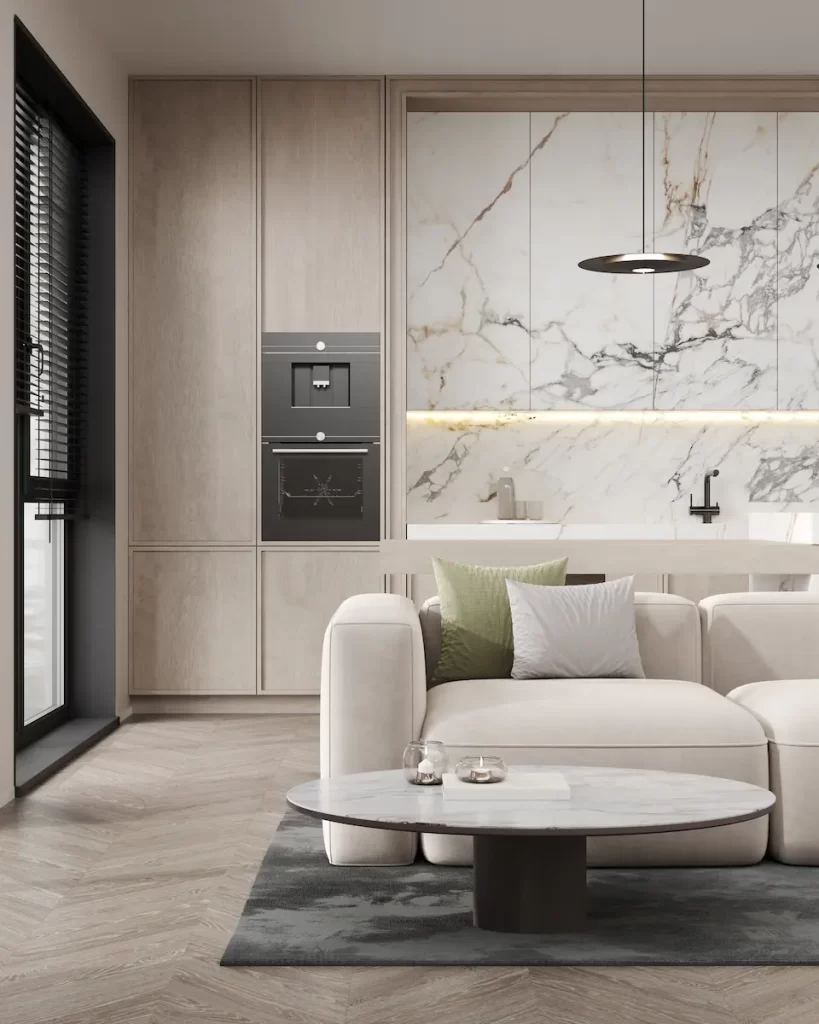 Apartament Confort Urban Evolution – living cu bucatarie open-space, design modern si finisaje premium